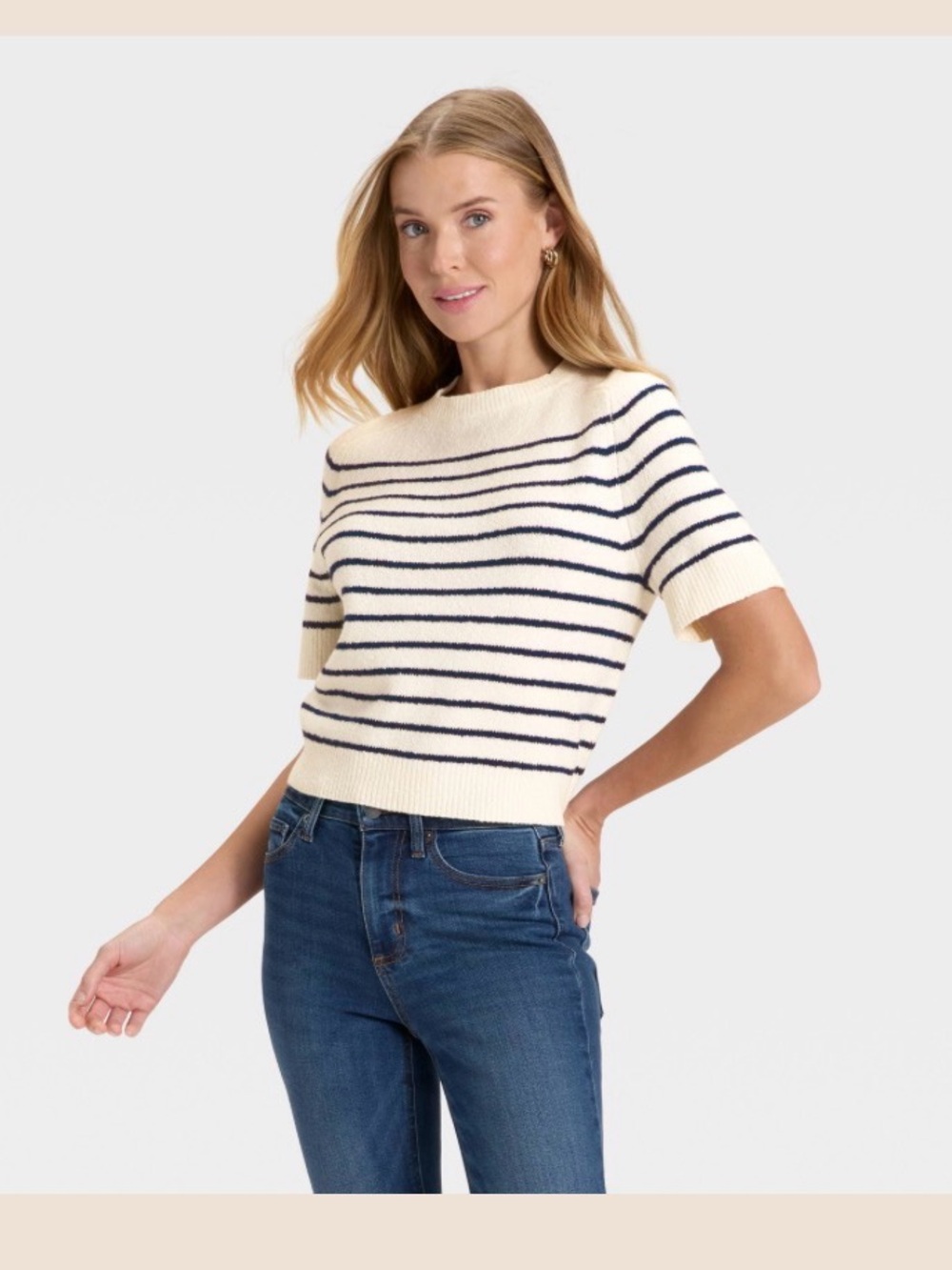 Off White and Navy Striped Short-Sleeve Sweater